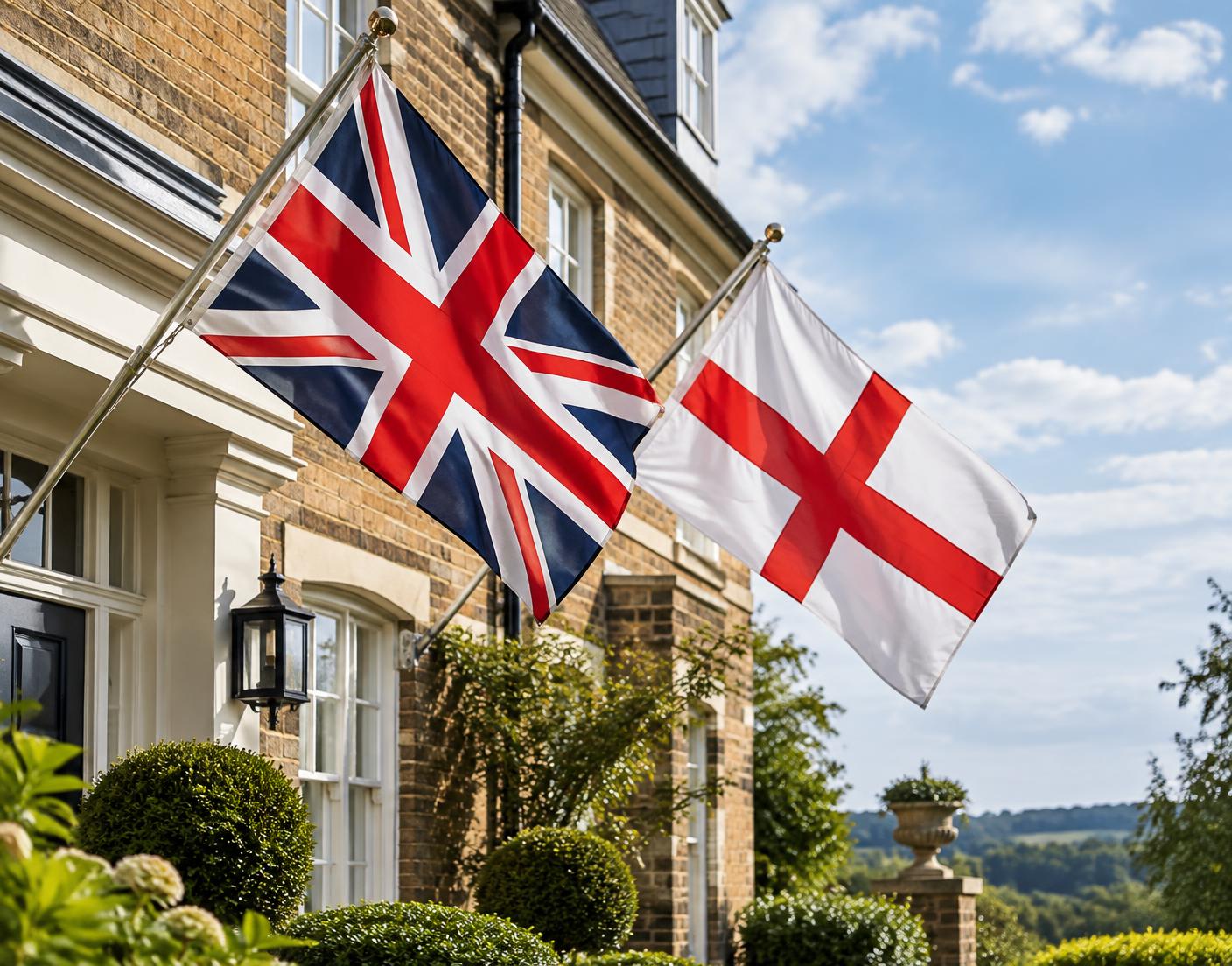 Union Jack and St George flags displayed outside a British home